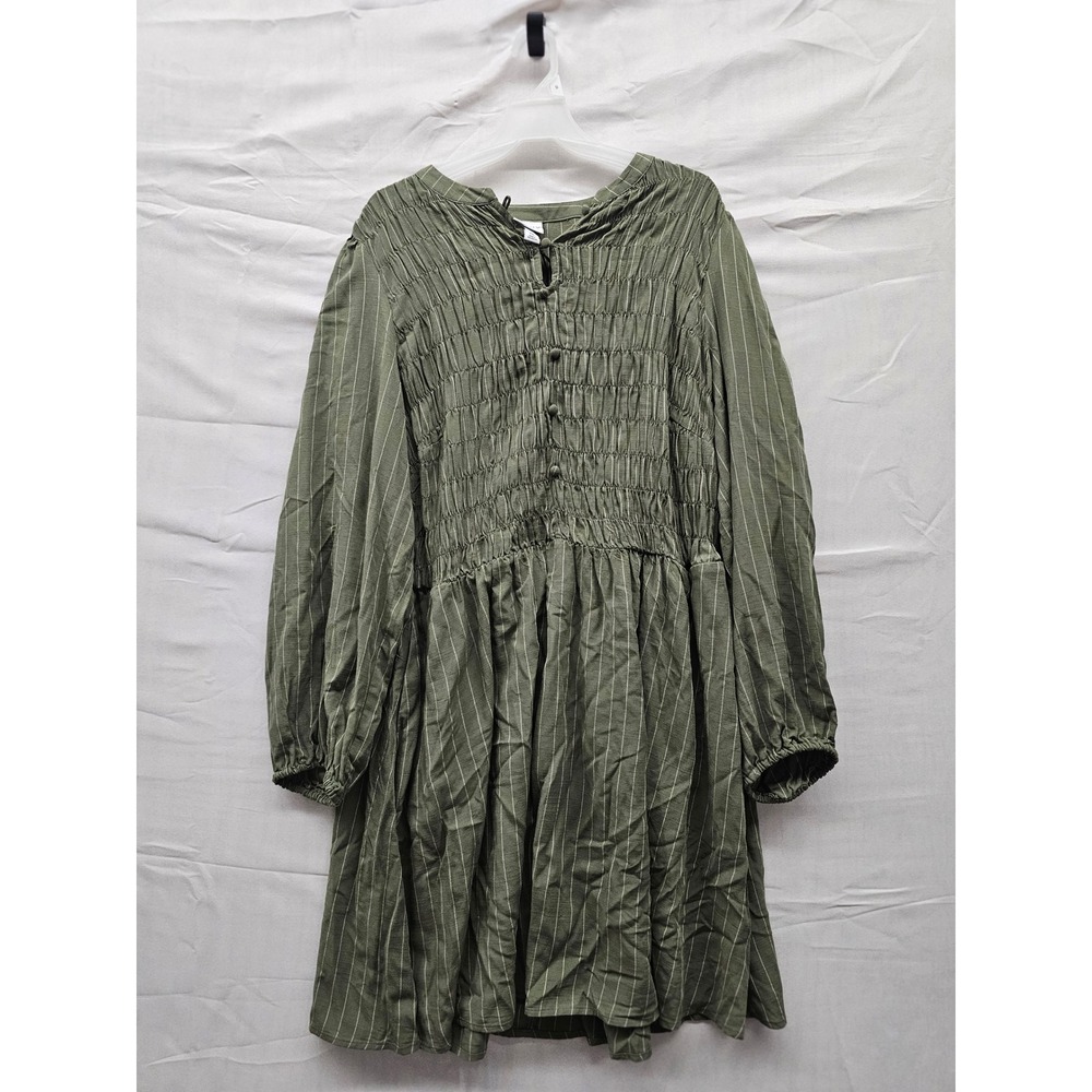 Ava & Viv Womens XXL Olive Green Pinstripe Smocked Long Sleeve Mini Dress NWT